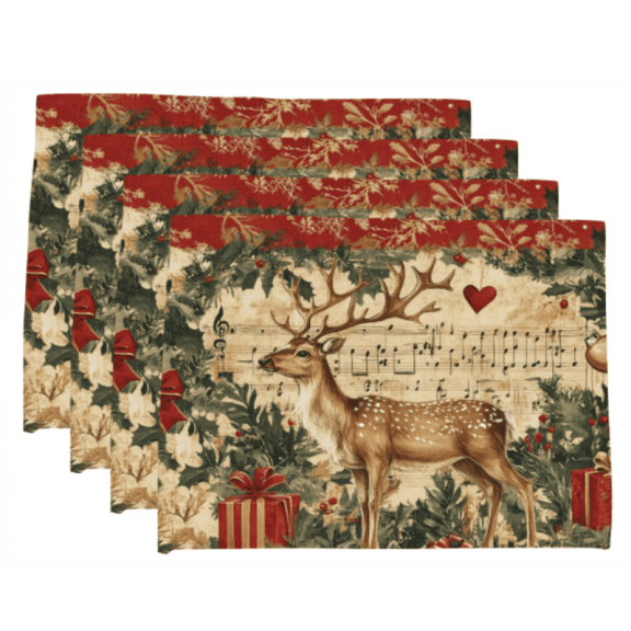 Christmas Deer & Holly Print Placemat Set (4 Pack), 12 in. x 16 in. Rectangular Holiday Kitchen & Table Linens