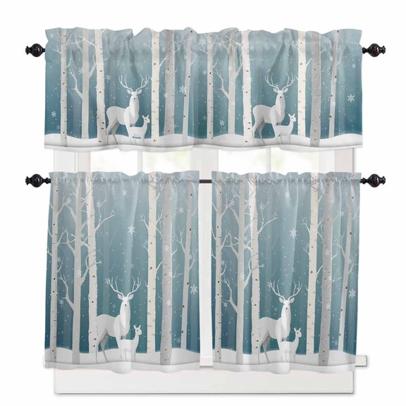 Christmas Deer Kitchen Curtains Valances and Tiers Set of 3 Winter Aqua Ombre Snowing Forest Animals Tier Curtains and Valance Rod Pocket Valance Curtains Set for Windows 27.5"W x 36"L