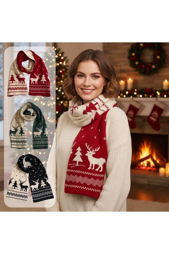 Christmas Deer Knitted Scarf - 160x20cm Warm Neck Warmer Woolen Wrap for Winter, Festive Deer Design, Soft Material, Suitable for Adults, Enhances Holiday Fashion Style, 62.99x7.87in, Green