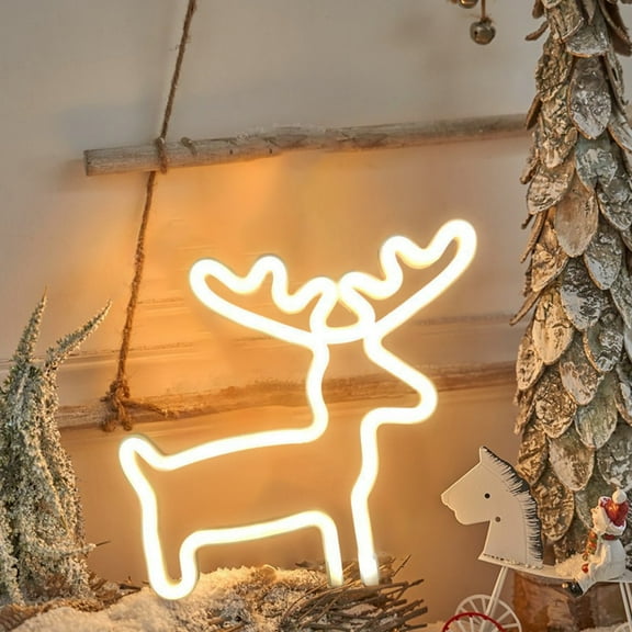 Christmas Deer LED Night Light - USB & Battery Powered Holiday Decor with Santa & Tree Designs, Warm Yellow Glow (11.4 Inch, ABS Plastic) Silver