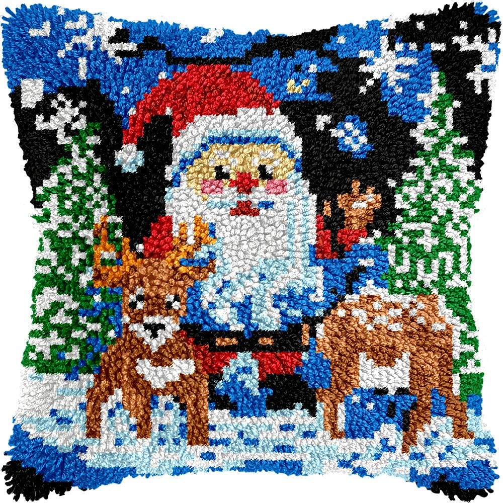 Christmas Deer Latch Hook Pillow Kits for DIY Throw Pillow Cushion Embroidery Latch Hooking Pillowcase Kits with Preprinted Canvas Crochet Yarn Kits for Home Decor 17''X 17''(d139)