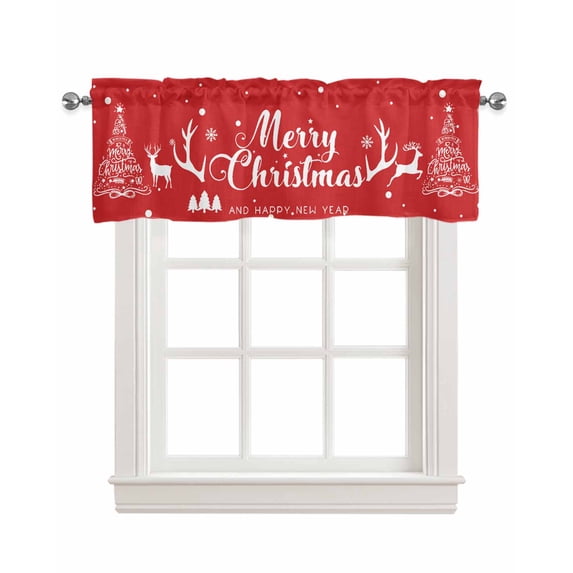 Christmas Deer Linen Curtain Valance for Bedroom/Bathroom/Kitchen/Office/Living/Dining Room Windows,Winter Elk Pine Tree Snowflake Red Rod Pocket Topper Drapes Decorative Cafe Drapery Panel 54x18
