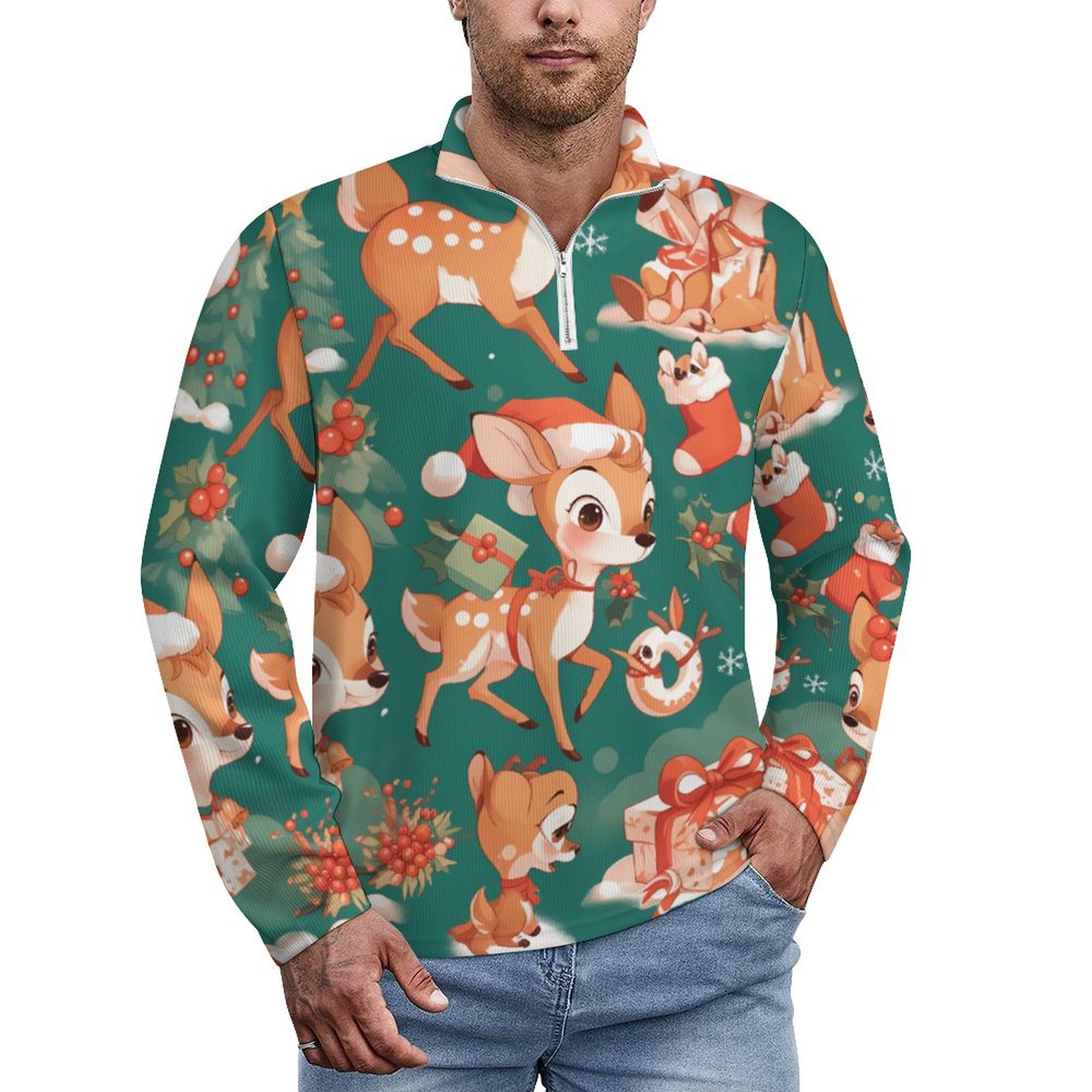 Christmas Tree Deer Pattern Print Men Pullover Hoodie main image 0