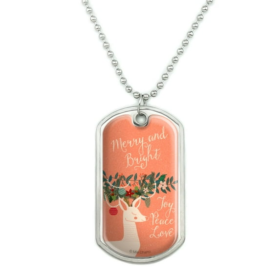 Christmas Deer Merry Bright Joy Peace Love Military Dog Tag Pendant Necklace with Chain