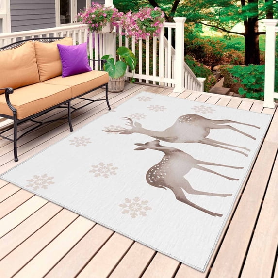 Christmas Deer Outdoor Rug 5x7 Ft, Non Slip Washable Area Rug, Watercolor Winter Xmas Elk Snowflakes Patio Rugs Carpet Runner, Large Floor Mat for Indoor/Outdoor Deck Porch Camping