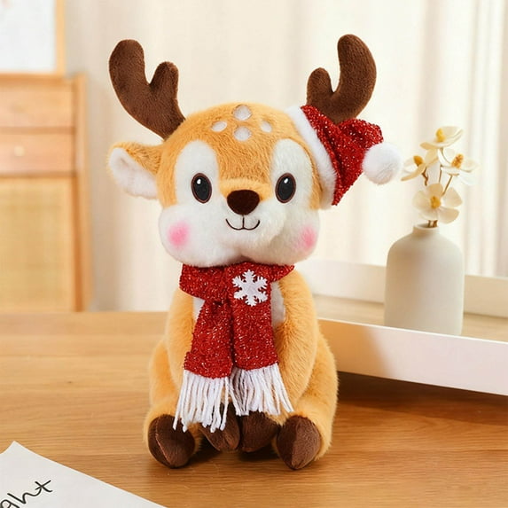 Christmas Deer Plush Toy with Scarf - Soft Stuffed Fawn Doll, Festive ...