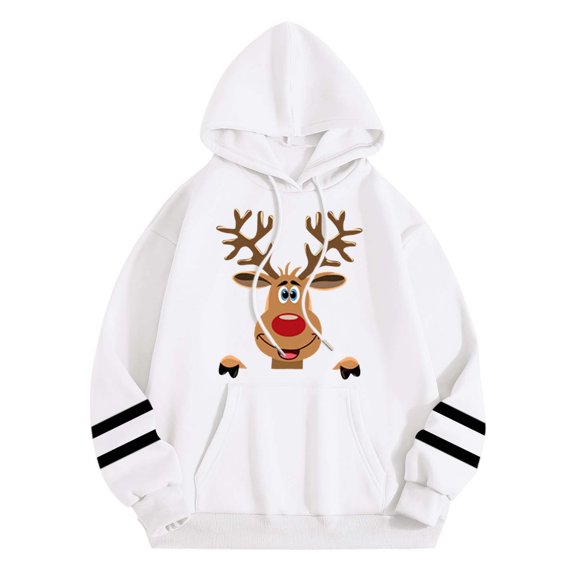 Christmas Deer Print Women's Casual Hoodie Loose Fit Crew Neck Long Sleeve Pullover Holiday Season Cozy Sweatshirt