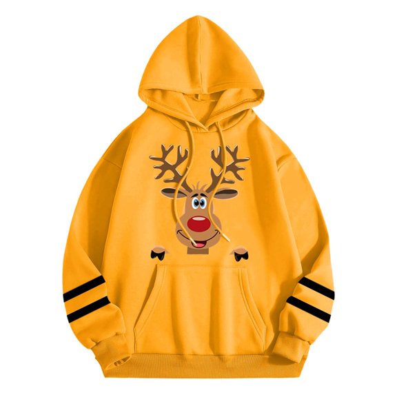 Christmas Deer Print Women's Casual Hoodie Loose Fit Crew Neck Long Sleeve Pullover Holiday Season Cozy Sweatshirt