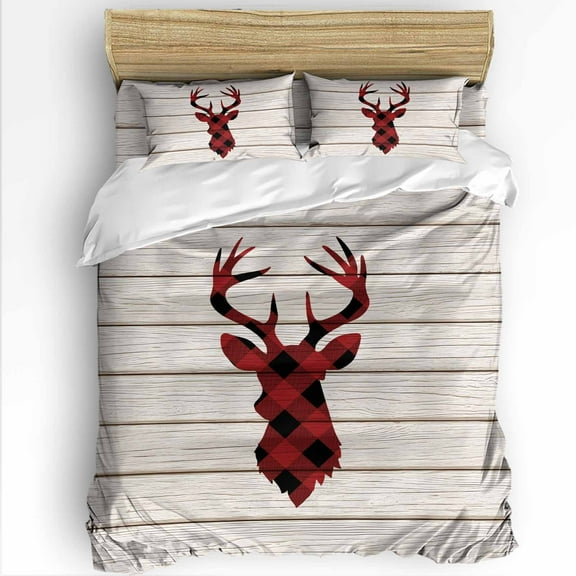 Christmas Deer Queen Size Comforter Set, Farmhouse Buffalo Plaid Deer Head Wood Grain Soft Bedding for All Seasons, 4 Pcs Bed Set with 1Comforter (90"x92") ,1 Sheet(94"x116"), 2 Pillowcases (19"x29")