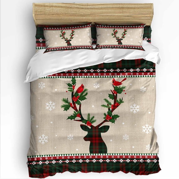 Christmas Deer Queen Size Comforter Set, Snowflake Cardinal Berry Leaf Plaid Linen Plaid Bedding for All Seasons, 4 Pcs Bed Set with 1Comforter (90"x92") ,1 Sheet(94"x116"), 2 Pillowcases (19"x29")