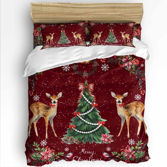 Christmas Deer Queen Size Comforter Set, Tree Flowers Snowflake Winter Red Texture Soft Bedding for All Seasons, 4 Pcs Bed Set with 1Comforter (90"x92") ,1 Sheet(94"x116"), 2 Pillowcases (19"x29")