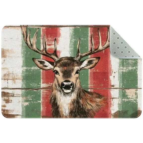 Christmas Deer on Red Green Checked Plaid Entryway Rug, 2x3 Area Rug Indoor Door Mat Non-slip Washable Floor Carpet Rug for Bedroom Office Dining Room Bathroom