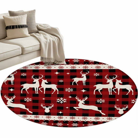 Christmas Deer, Round Area Rug 3 FT, Small Kitchen Bathroom Mat, Reindeer Winter Xmas Snowflake Plaid Red Washable Indoor Outdoor Throw Runner Carpet Doormat for Table Shower Sofa Entryway