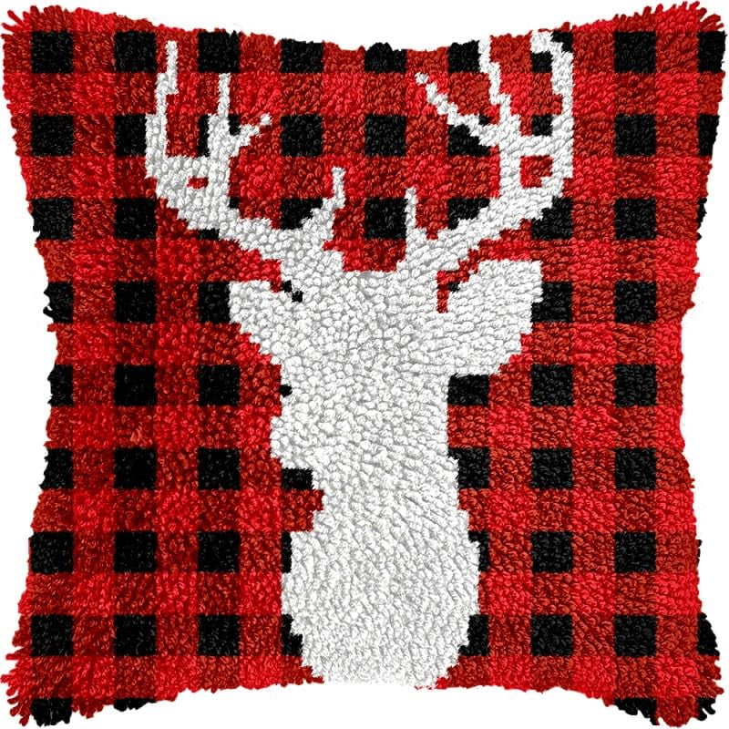 Christmas Deer Silhouette Latch Hook Pillow Kits Pillow Cover with Pattern Printed Canvas Sofa Hooking Pillowcase Cushion Crafts Embroidery Latch Hooking Crochet Starter Kits 17x17 inch(1)