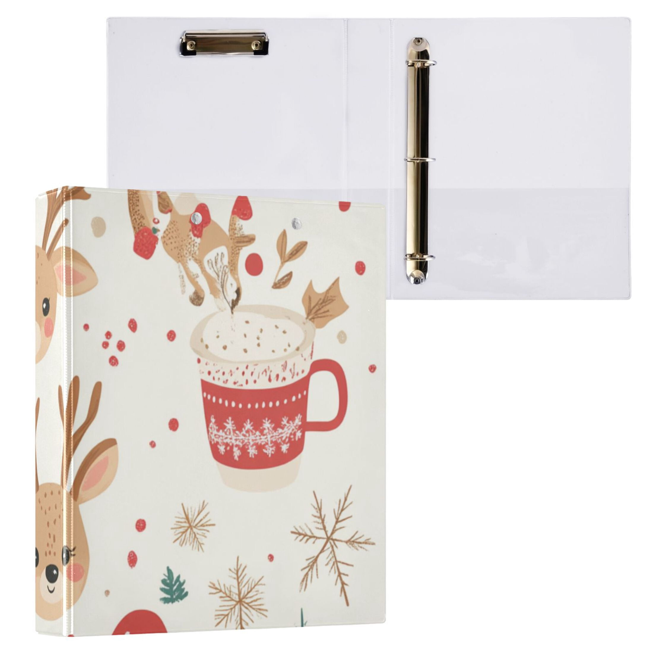 Christmas Deer Snow Cup 3 Ring Binders 1.5 inch Hardcover File Folders with Interior Pockets A4 Size Organizer for School Office Hospital
