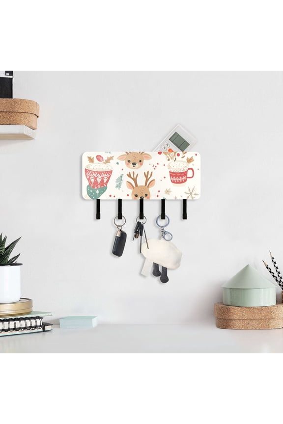 Christmas Deer Snow Cup Key Holder for Wall Mail Holder Organizer with 5 Key Hooks Wall Mount Key Rack with Shelf