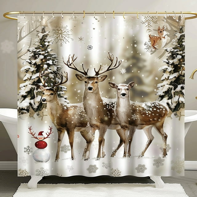Christmas Deer Snow Scene Bathroom Decor Set White Trees Red Toys
