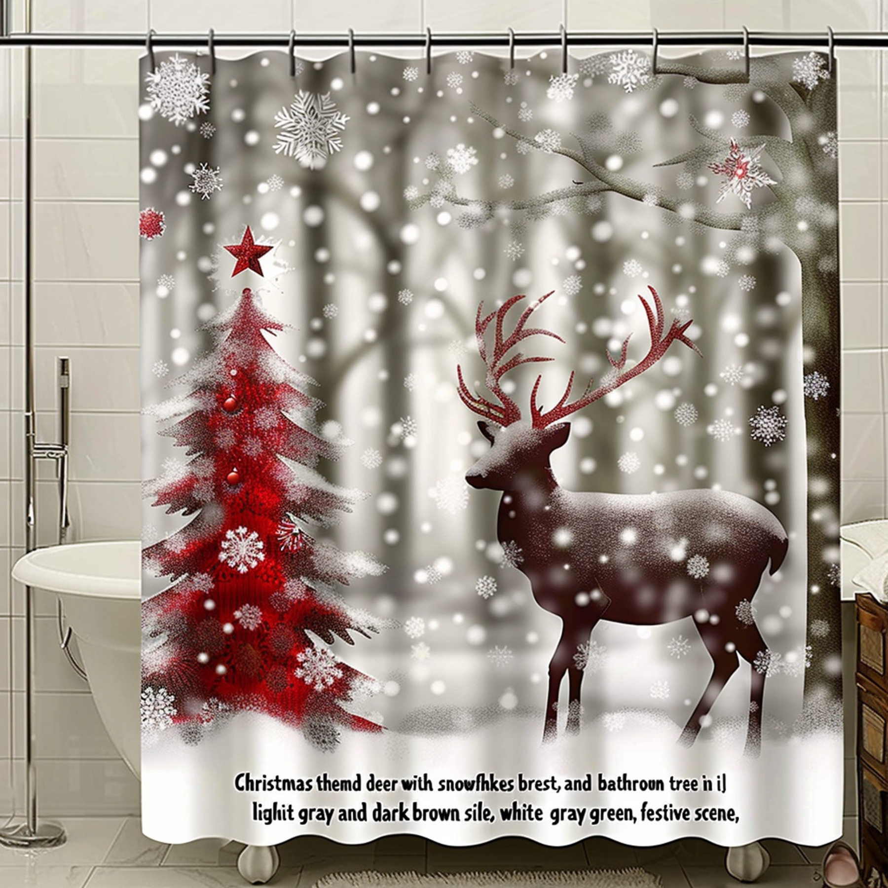 Christmas Deer and Snowflakes Shower Curtain Festive Holiday Decor for