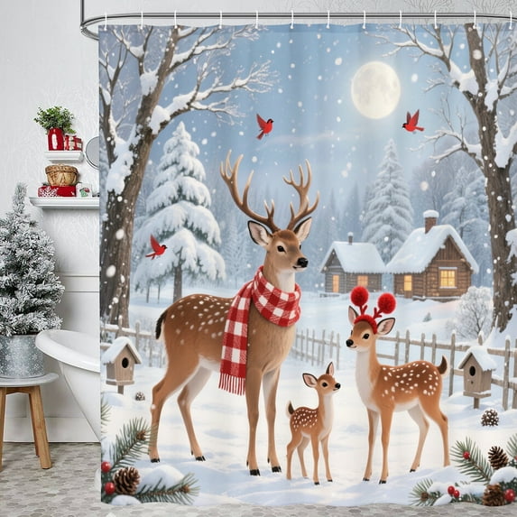 Christmas Deer & Snowy Cottage Shower Curtain - Festive Bathroom Decor for Holidays,72" x 72"
