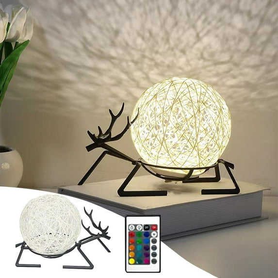Christmas Deer Spherical Lamp Rattan Table Lamp Bedside Lamp Bedroom Night Light Birthday Gift Christmas Small Lamp (Black)