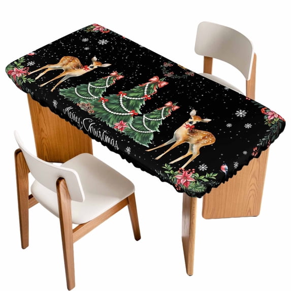 Christmas Deer Table Cloths for 6 Foot Rectangle Tables, Winter Xmas Snowflakes Bow Tree Black Patio Waterproof Elastic Fitted Tablecloths, Washable Rectangular Table Cover for Camping