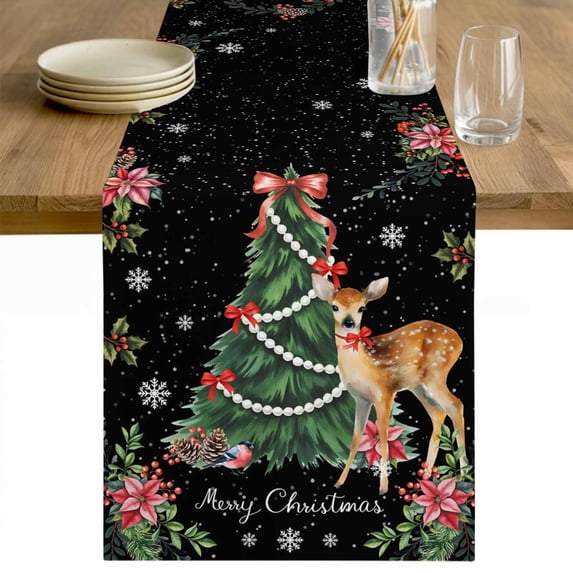 Christmas Deer Table Runner 108 Inches Long Farmhouse Dress Scarves, Winter Xmas Snowflakes Bow Tree Black Dining Tablerunner for Coffee Table/Kitchen Island/Party Décor, 13" x 108"
