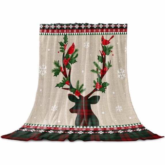 Christmas Deer Throw Flannel Blanket 32x48In Snowflake Cardinal Berry Leaf Plaid Linen Plaid Super Soft Cozy Bed Blanket, Lightweight Plush Fuzzy Bed Throw for Bedroom Sofa Couch Living Room