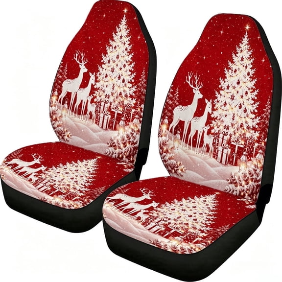Christmas Deer Tree Snow Scene Print Car Seat Covers 2 Piece, Mesh Fabric Front Seat Protectors Universal Fit for Cars Suvs Trucks Vans