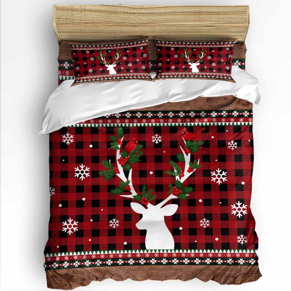 Christmas Deer Twin Size Comforter Set, Snowflake Cardinal Berry Leaf Plaid Soft Bedding for All Seasons, 4 Pcs Bed Set with 1 Comforter (68"x86") ,1Sheet(66"x116"), 2 Pillowcases (19"x29")