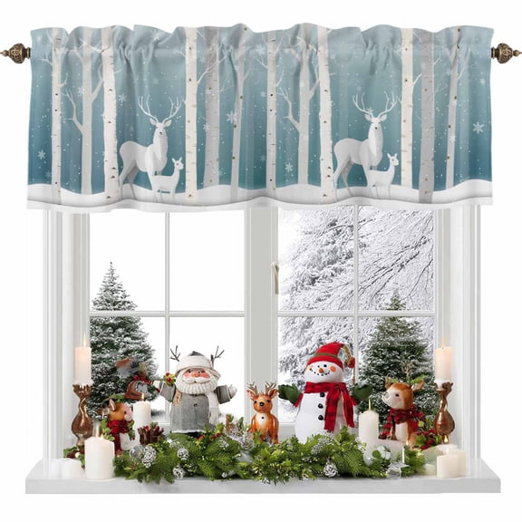 Christmas Deer Valances for Windows, 42 x 18in, Winter Aqua Ombre Snowing Forest Animals Rod Pocket Kitchen Valance Curtain Light Filtering Window Treatments for Living Room Bedroom, 1 Panel