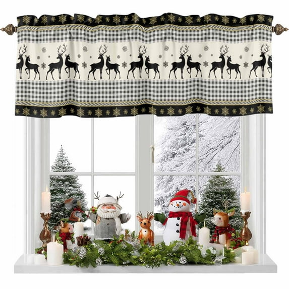 Christmas Deer Valances for Windows, 54 x 18in, Snowflakes Xmas Grid Lines Rod Pocket Kitchen Valance Curtain Light Filtering Window Treatments for Living Room Bedroom, 1 Panel