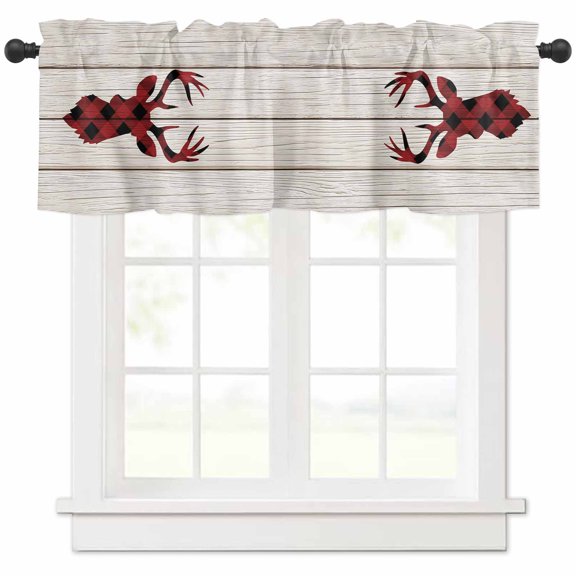 Christmas Deer Valances for Windows, Farmhouse Buffalo Plaid Deer Head Wood Grain Light Filtering Window Treatment Valances, Rod Pocket Small Curtains for Kitchen/Bathroom, 54"x18"