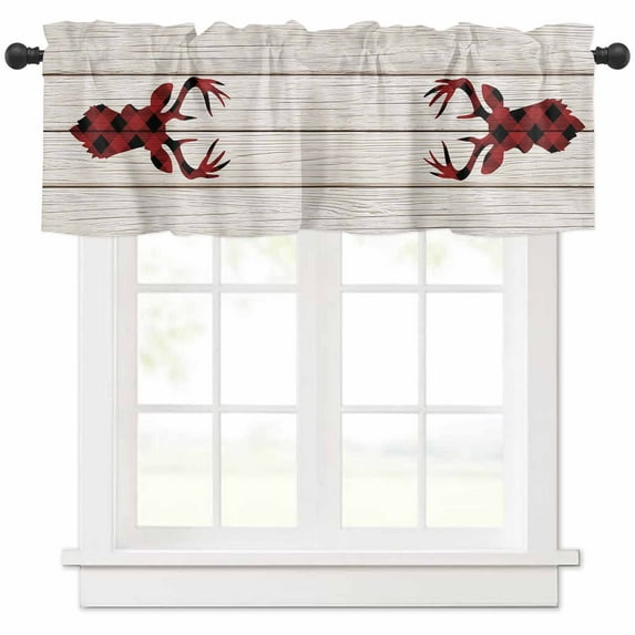 Christmas Deer Valances for Windows, Farmhouse Buffalo Plaid Deer Head Wood Grain Light Filtering Window Treatment Valances, Rod Pocket Small Curtains for Kitchen/Bathroom, 56"x16"
