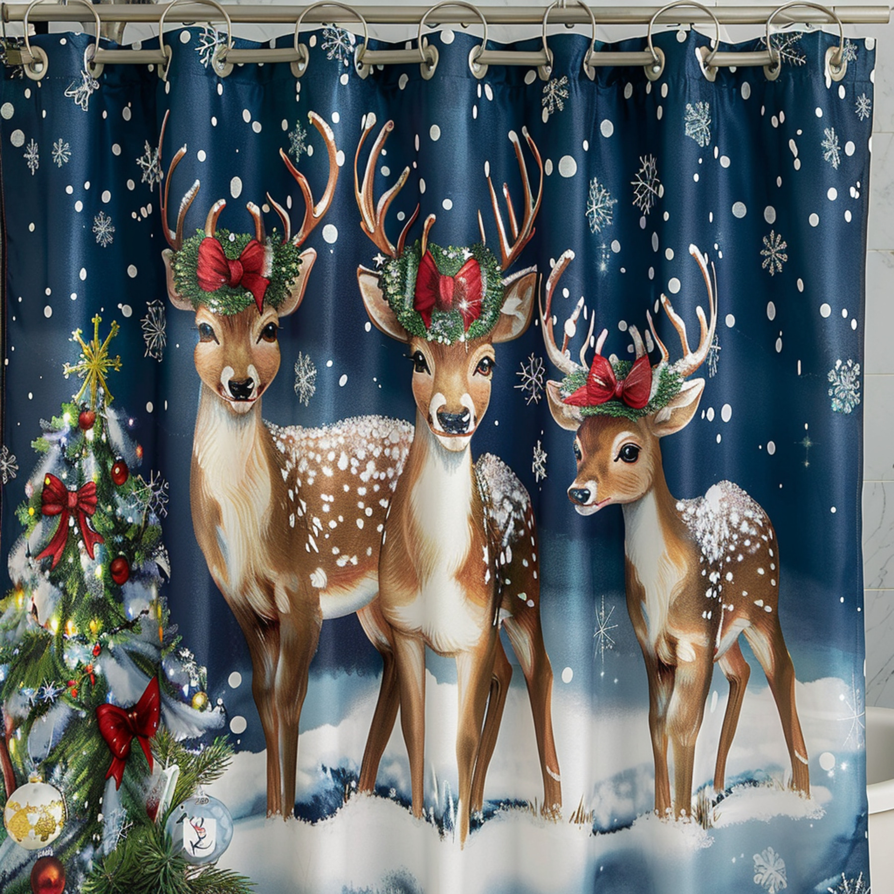 Christmas Deer Winter Wonderland Fabric Shower Curtain Festive Holiday
