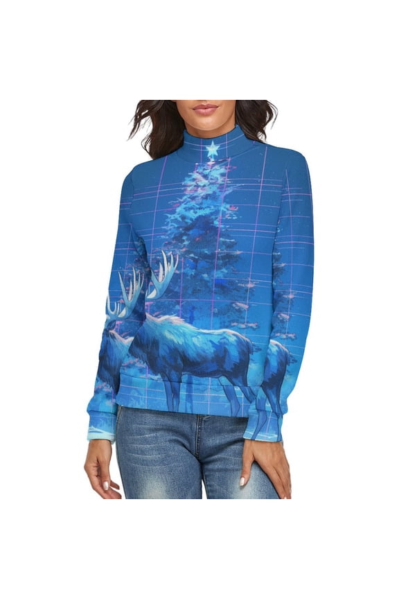 Christmas Deer Women's Turtleneck Sweater Long Sleeve Ribbed Fitted Turtle Neck Casual Fall Winter Collection Top 2XL