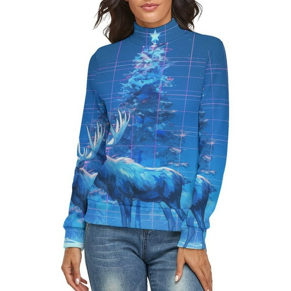 Christmas Deer Women's Turtleneck Sweater Long Sleeve Ribbed Fitted Turtle Neck Casual Fall Winter Collection Top S