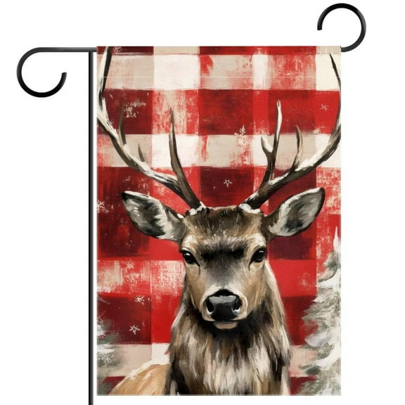 Christmas Deer Xams Snowflake on Red Plaid Garden Flag Double Sided House Flag for Outdoor Home, Personalized All Year Round Yard Decor 12 x 18 Inch