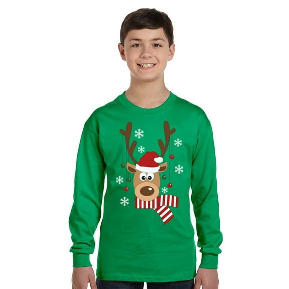 Christmas Deer Xmas Long Sleeve Shirts for Kids - Youth XS S M L XL - Merry Christmas Holiday Funny Xmas Tee for Boys for Girls