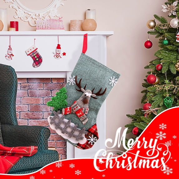 Christmas Deer with Fence Cloth Stocking Gift Bag – Medium 38cm (15in) Burlap-Style Stocking with Deer & Fence Embroidery – Candy Gift Bag Decor