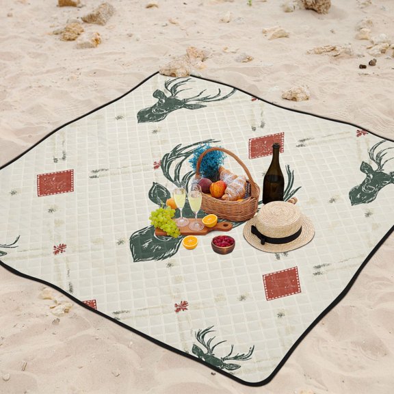 Christmas Deers Beach Blanket Outdoor Picnic Mat Sandproof Waterproof Foldable for Camping Travel Hiking