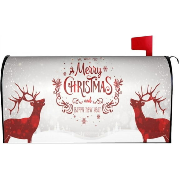 Christmas Deers Mailbox Cover Magnetic Winter Landscape with Snowflakes Mailbox Wraps Post Box Cover Décor 25.5x21 in