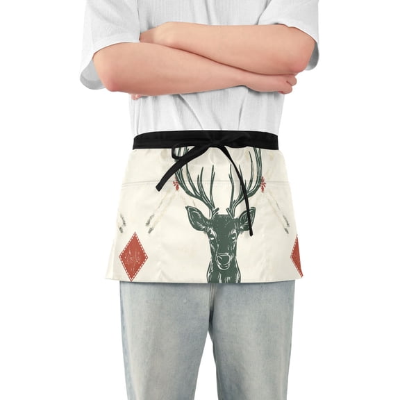 Christmas Deers Waist Apron Adjustable Server Half Apron Kitchen Cooking with 3 Pockets for Men Women