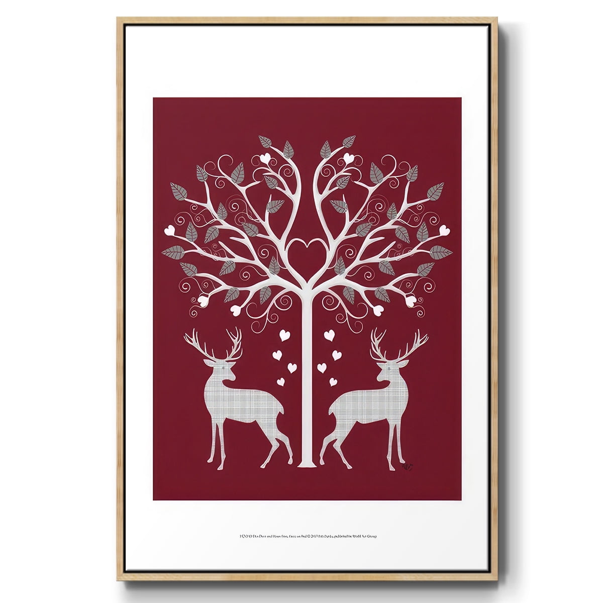 Christmas Des - Deer and Heart Tree, Grey on Red - Framed Gallery Wrapped Holiday Canvas - 25 x 37 - Natural Wood Frame