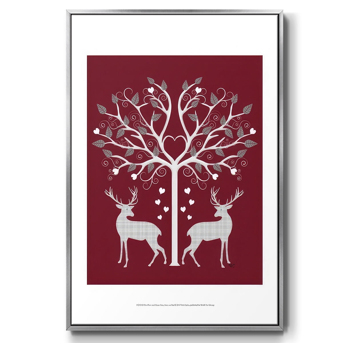 Christmas Des - Deer and Heart Tree, Grey on Red - Framed Gallery Wrapped Holiday Canvas - 25 x 37 - Silver Frame