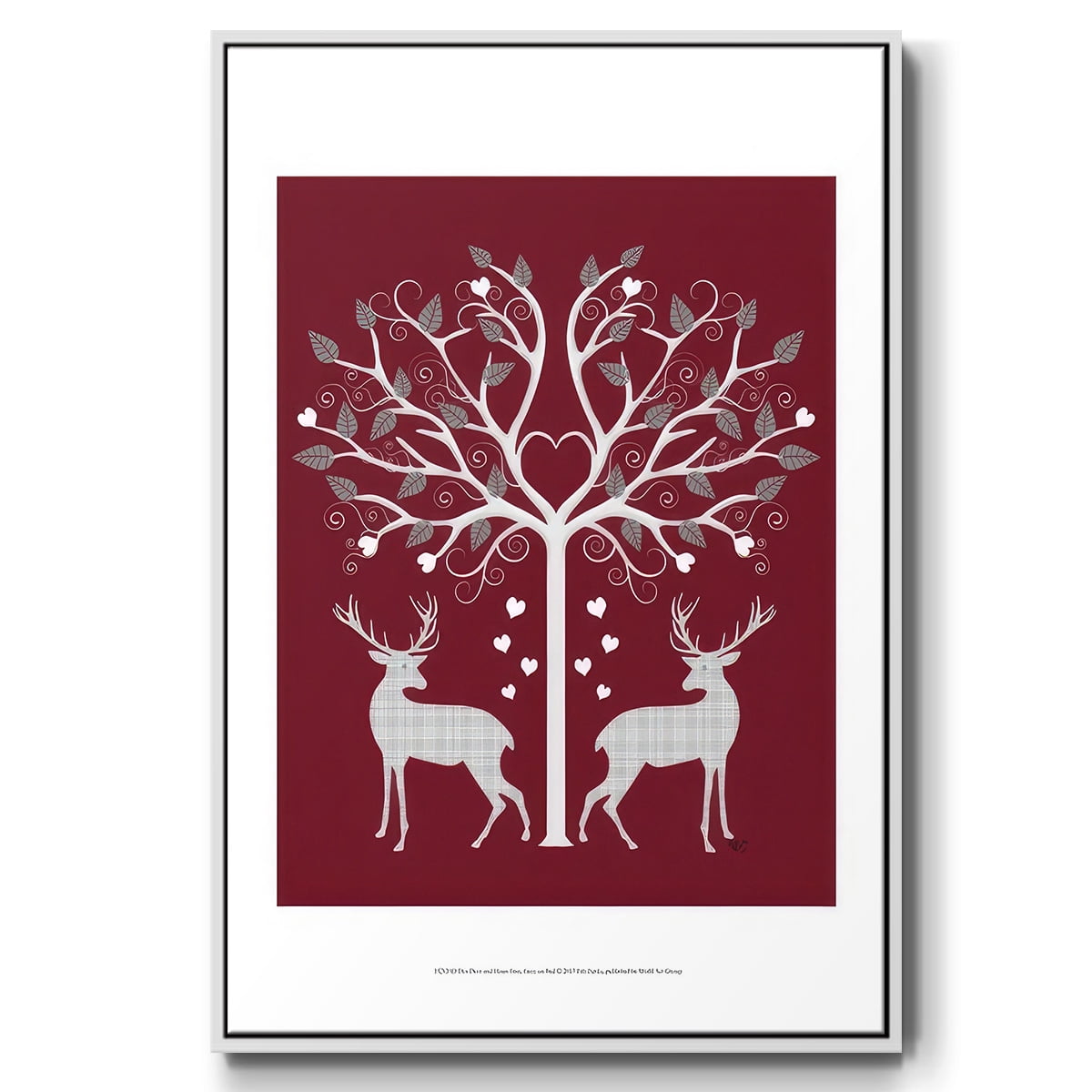 Christmas Des - Deer and Heart Tree, Grey on Red - Framed Gallery Wrapped Holiday Canvas - 25 x 37 - White Frame