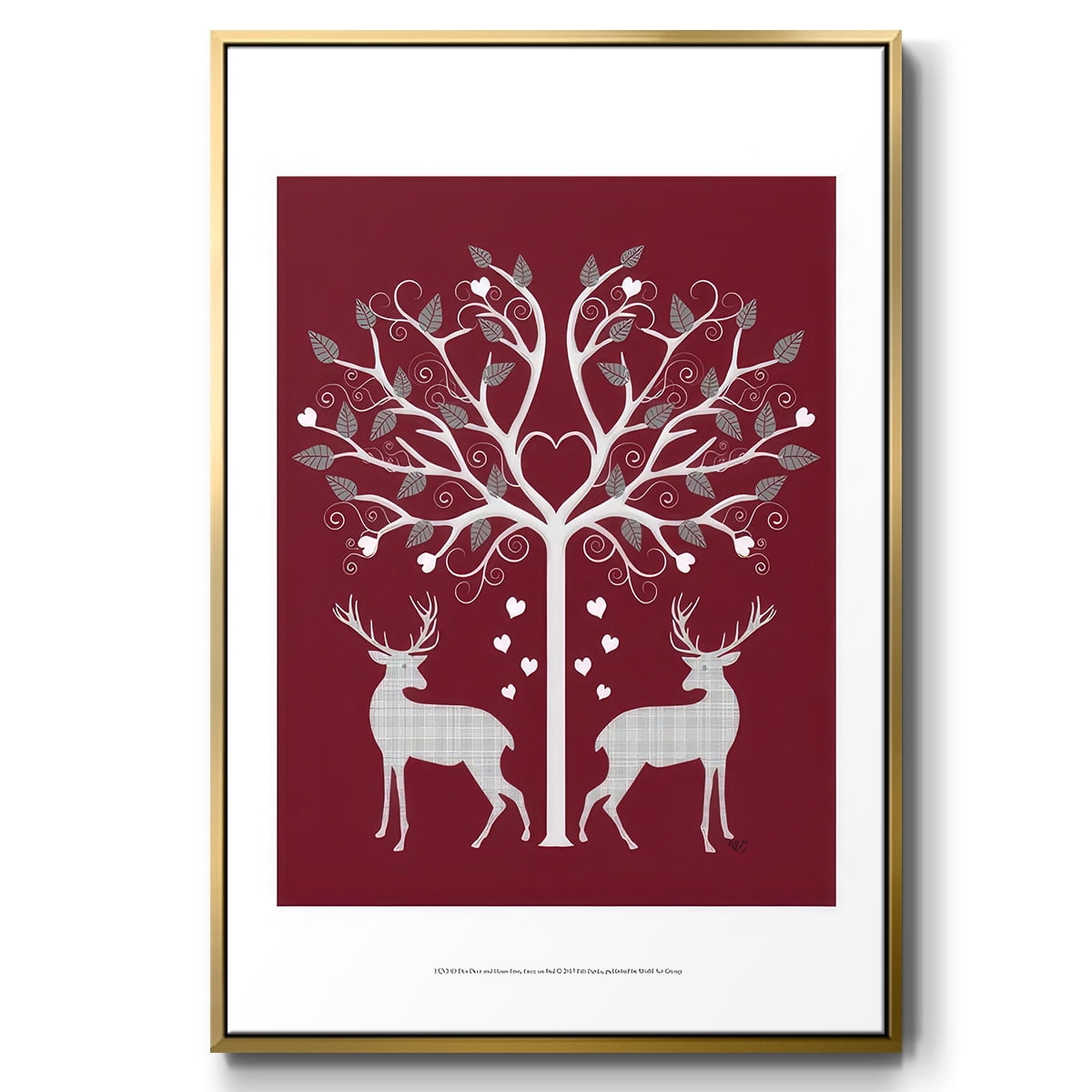 Christmas Des - Deer and Heart Tree, Grey on Red - Framed Gallery Wrapped Holiday Canvas - 27 x 41 - Gold Frame