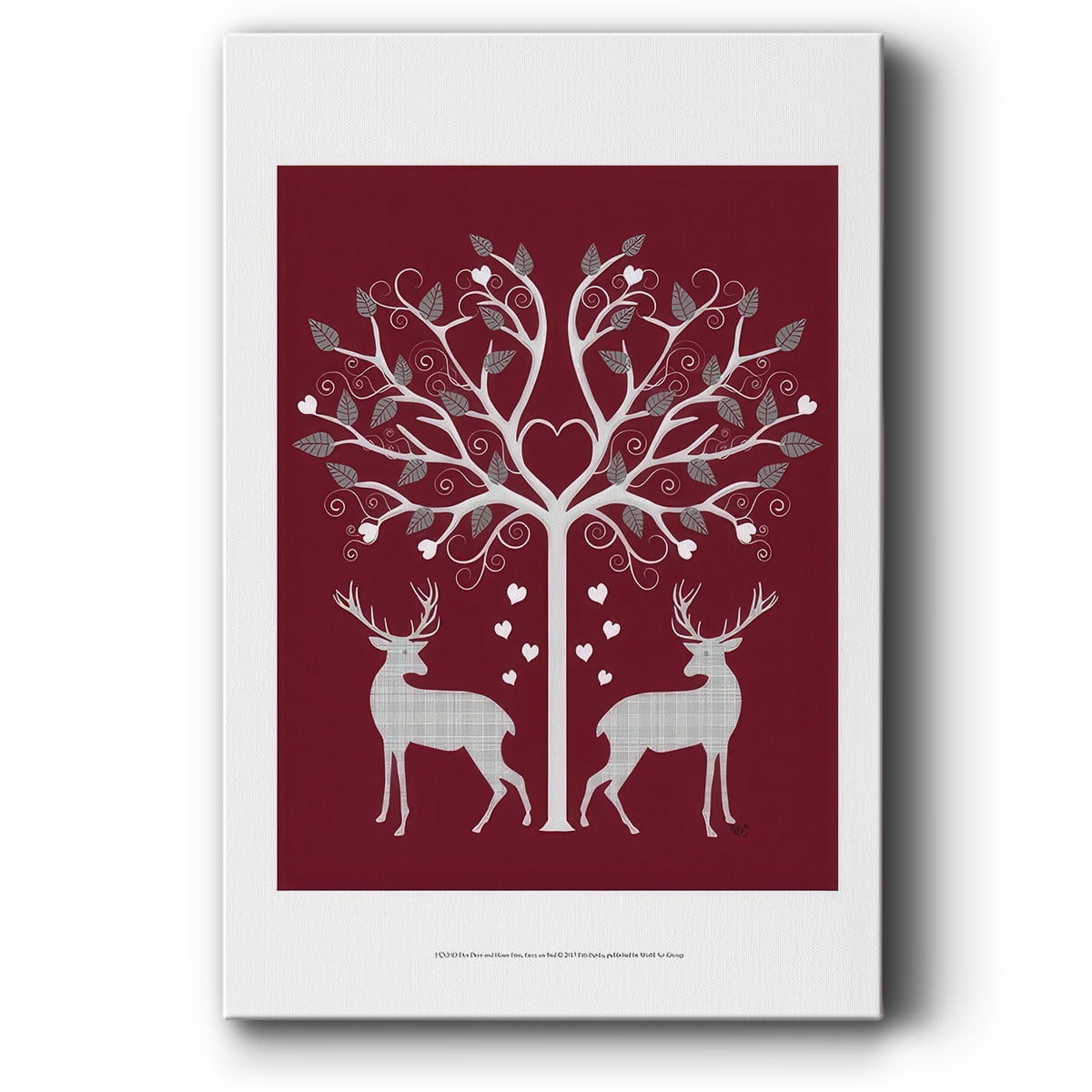 Christmas Des - Deer and Heart Tree, Grey on Red- Gallery Wrapped Canvas