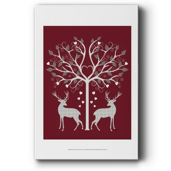 Christmas Des - Deer and Heart Tree, Grey on Red- Gallery Wrapped Canvas
