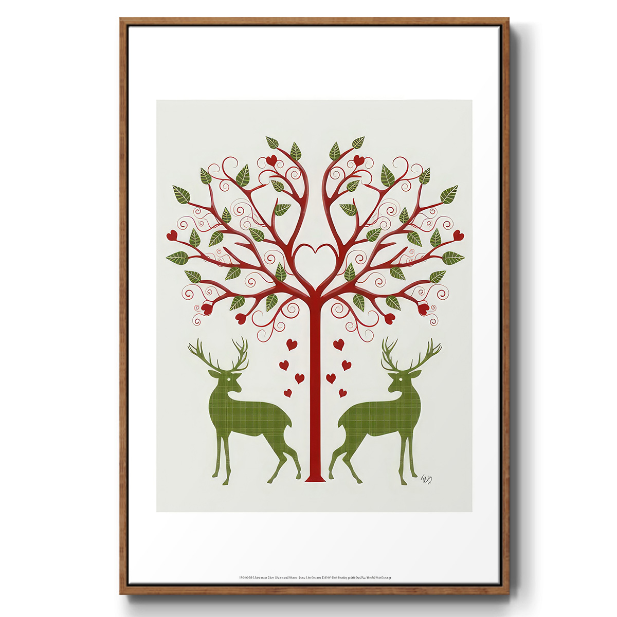 Christmas Des - Deer and Heart Tree, On Cream - Framed Gallery Wrapped Holiday Canvas - 17 x 25 - Rosewood Frame