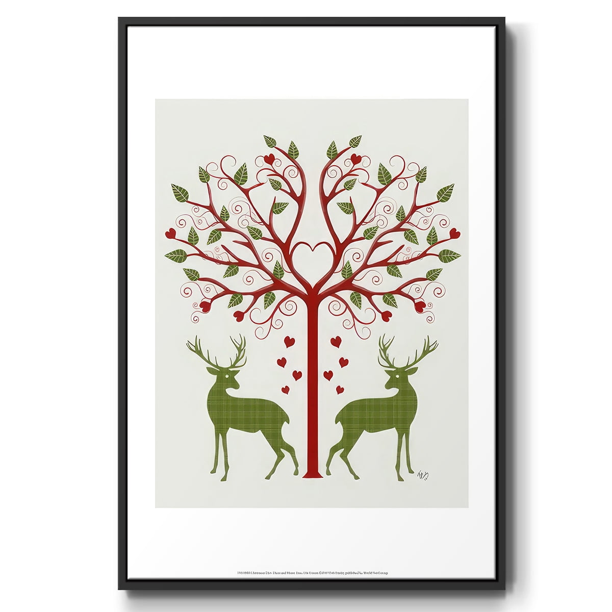 Christmas Des - Deer and Heart Tree, On Cream - Framed Gallery Wrapped Holiday Canvas - 27 x 41 - Black Frame